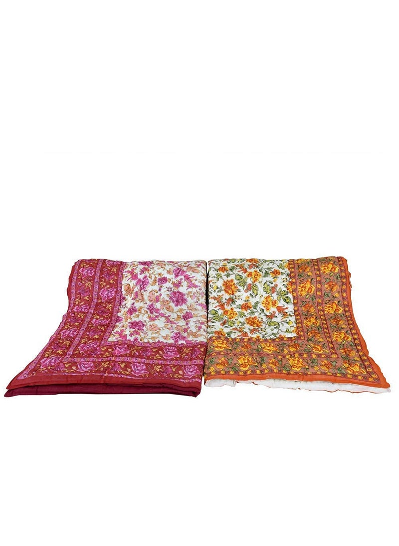 MANAVI ENTERPRISES Rajasthani Jaipuri Pure Organic Cotton Floral Printed Skin Friendly Single Bed AC Rooms Blanket Jaipuri RazaiRajaiQuiltBlanketDohar BeigePink Pack of2