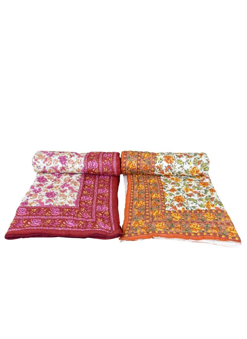 MANAVI ENTERPRISES Rajasthani Jaipuri Pure Organic Cotton Floral Printed Skin Friendly Single Bed AC Rooms Blanket Jaipuri RazaiRajaiQuiltBlanketDohar BeigePink Pack of2