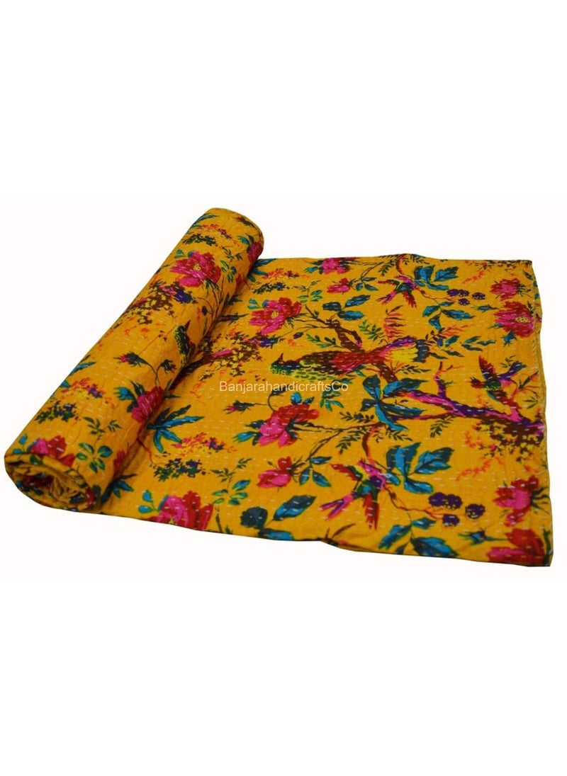 Fashion Hub Textile Work Creations Twin Size Jaipuri Quilt Handmade Cotton Kantha BlanketBedspreadBedsheet Yellow