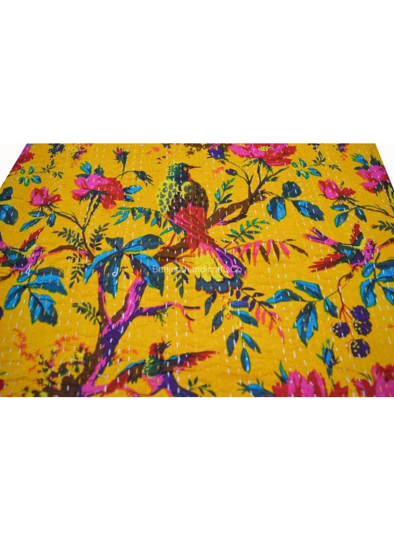 Fashion Hub Textile Work Creations Twin Size Jaipuri Quilt Handmade Cotton Kantha BlanketBedspreadBedsheet Yellow