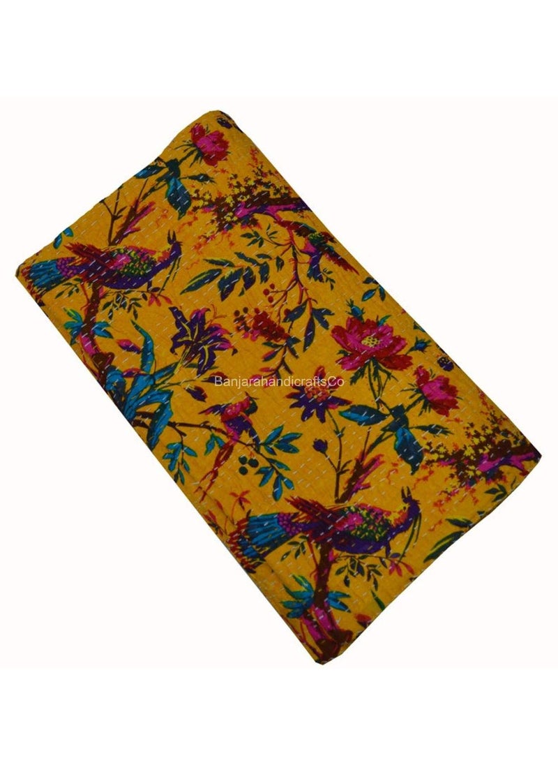 Fashion Hub Textile Work Creations Twin Size Jaipuri Quilt Handmade Cotton Kantha BlanketBedspreadBedsheet Yellow
