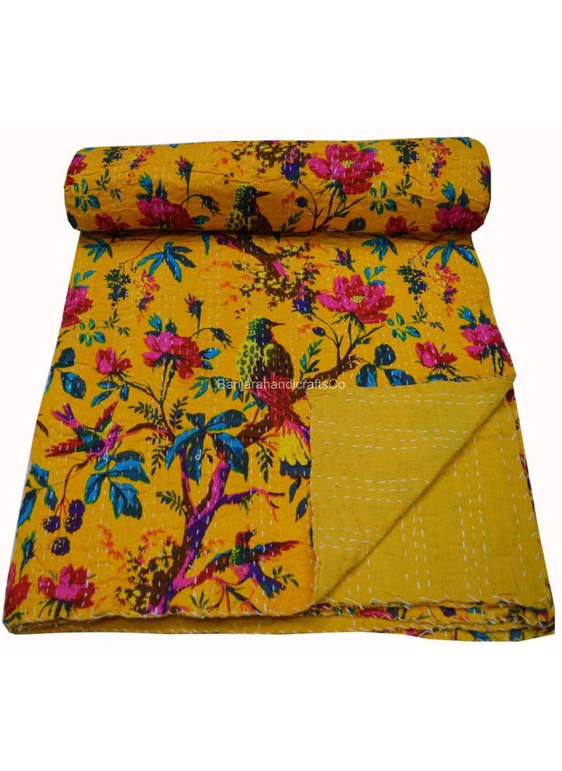 Fashion Hub Textile Work Creations Twin Size Jaipuri Quilt Handmade Cotton Kantha BlanketBedspreadBedsheet Yellow