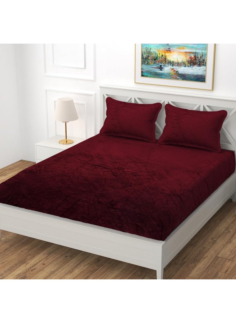 SHOMES Velvet Warm Winter Solid Flannel Elastic Fitted Bedsheets for Double Bed King Size 78 x 72 inches with 2 Pillow Covers Double Bed Warm Bedsheet with Elastic Fitted Maroon