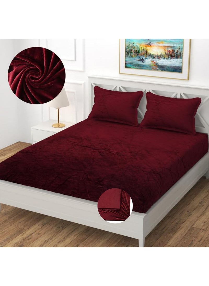 SHOMES Velvet Warm Winter Solid Flannel Elastic Fitted Bedsheets for Double Bed King Size 78 x 72 inches with 2 Pillow Covers Double Bed Warm Bedsheet with Elastic Fitted Maroon