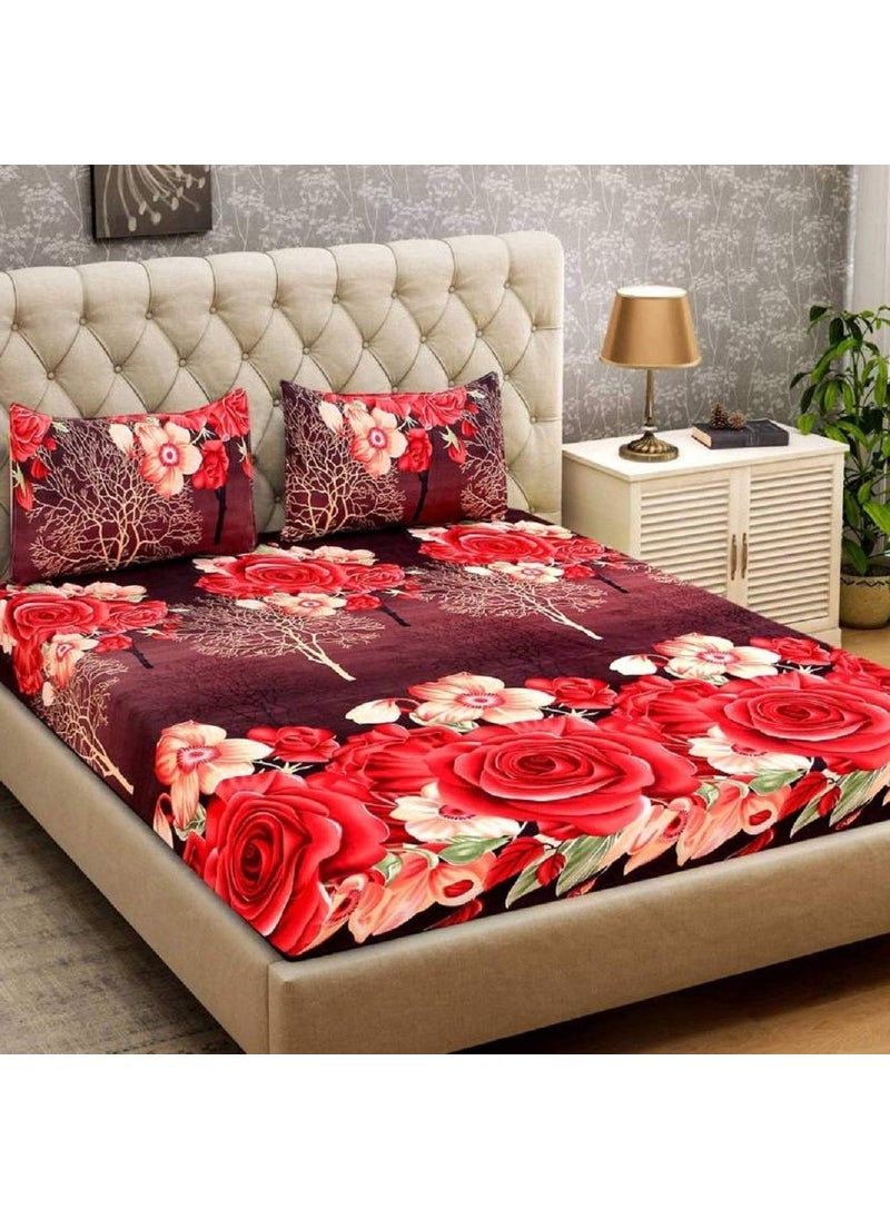 SHIVI CREATION Prime Collection 144 TC 3D Printed Poly Cotton Double Bedsheet with 2 Pillow Covers Multicolour 90 x 90 Inch Maroon with Red Roses