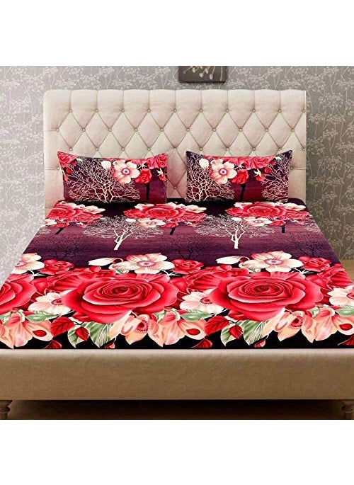 SHIVI CREATION Prime Collection 144 TC 3D Printed Poly Cotton Double Bedsheet with 2 Pillow Covers Multicolour 90 x 90 Inch Maroon with Red Roses