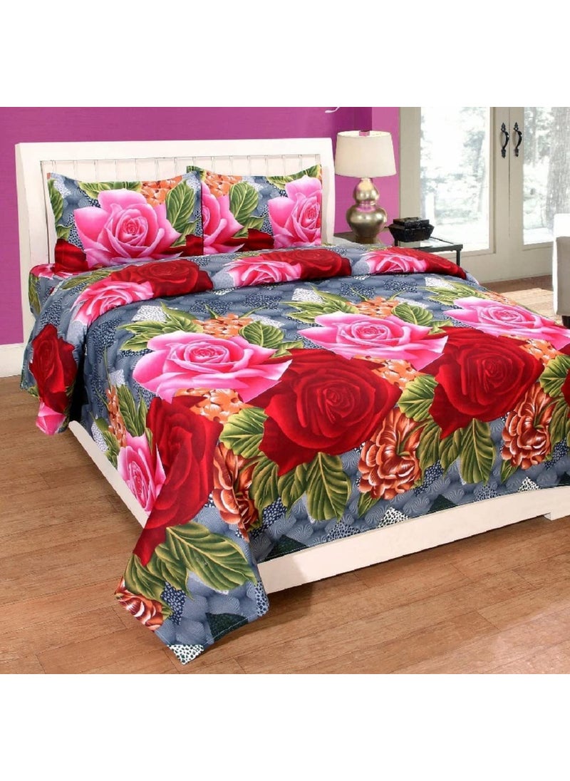 SHIVI CREATION Prime Collection 144 TC 3D Printed Poly Cotton Double Bedsheet with 2 Pillow Covers Multicolour 90 x 90 Inch Blue with Red and Pink Flower