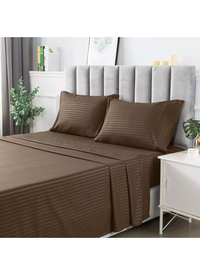 beddingNdecor Bedsheet for King Size Double Bed Fitted Bedsheets King Size King Size Bedsheet 210 TC 100 Cotton Satin Stripe with 2 Pillow Covers Elastic Fitted Sheet 78x72 inch Chocolate