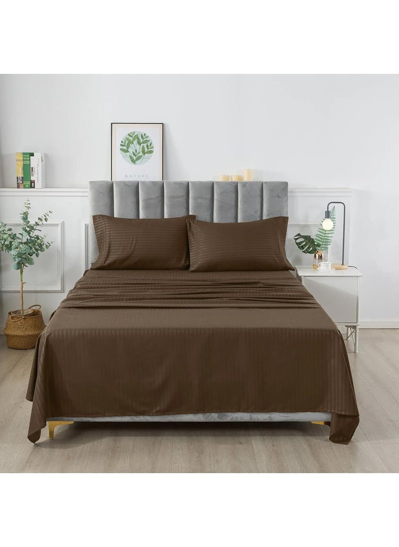 beddingNdecor Bedsheet for King Size Double Bed Fitted Bedsheets King Size King Size Bedsheet 210 TC 100 Cotton Satin Stripe with 2 Pillow Covers Elastic Fitted Sheet 78x72 inch Chocolate