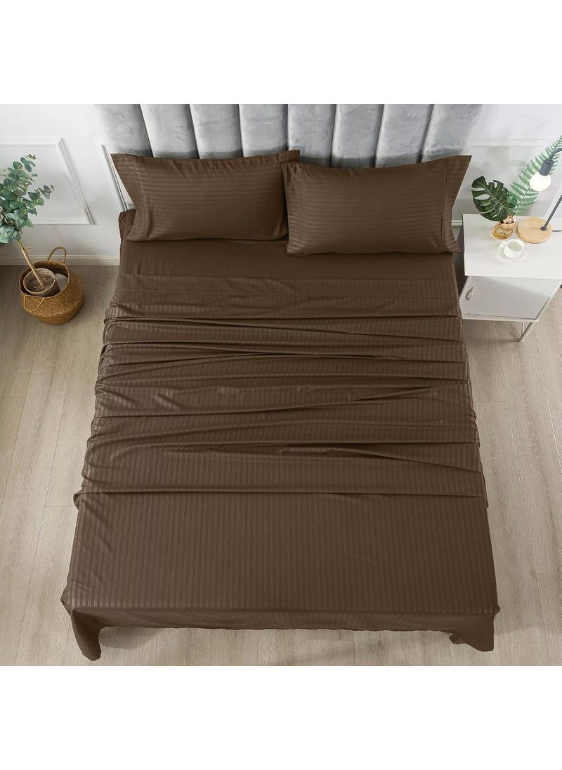 beddingNdecor Bedsheet for King Size Double Bed Fitted Bedsheets King Size King Size Bedsheet 210 TC 100 Cotton Satin Stripe with 2 Pillow Covers Elastic Fitted Sheet 78x72 inch Chocolate
