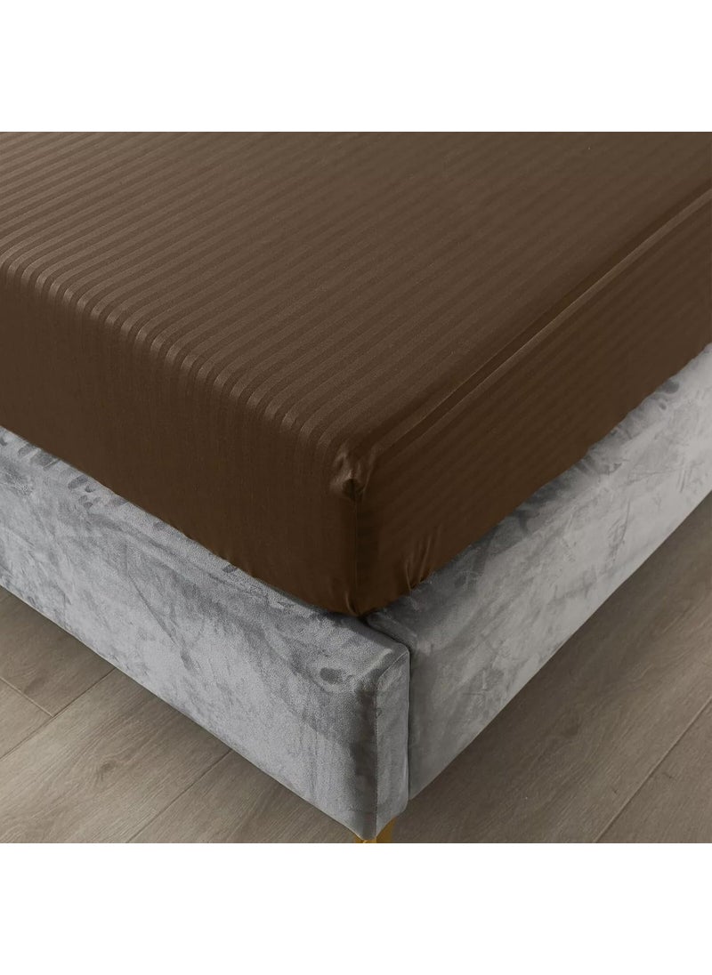 beddingNdecor Bedsheet for King Size Double Bed Fitted Bedsheets King Size King Size Bedsheet 210 TC 100 Cotton Satin Stripe with 2 Pillow Covers Elastic Fitted Sheet 78x72 inch Chocolate