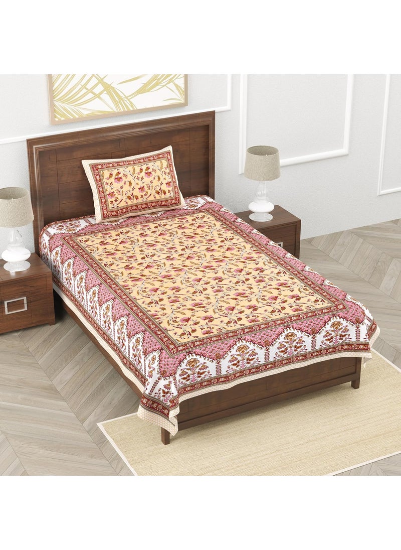 EasyGoods 240 TC Cotton Bedsheet for Single Bed Cream PinkEthnic60 Bedsheet Single Size Bed CottonSingle Size BedsheetSingle Bedsheet with 1 Pillow Cover 59x88 Inch Handcrafted Bed Sheets