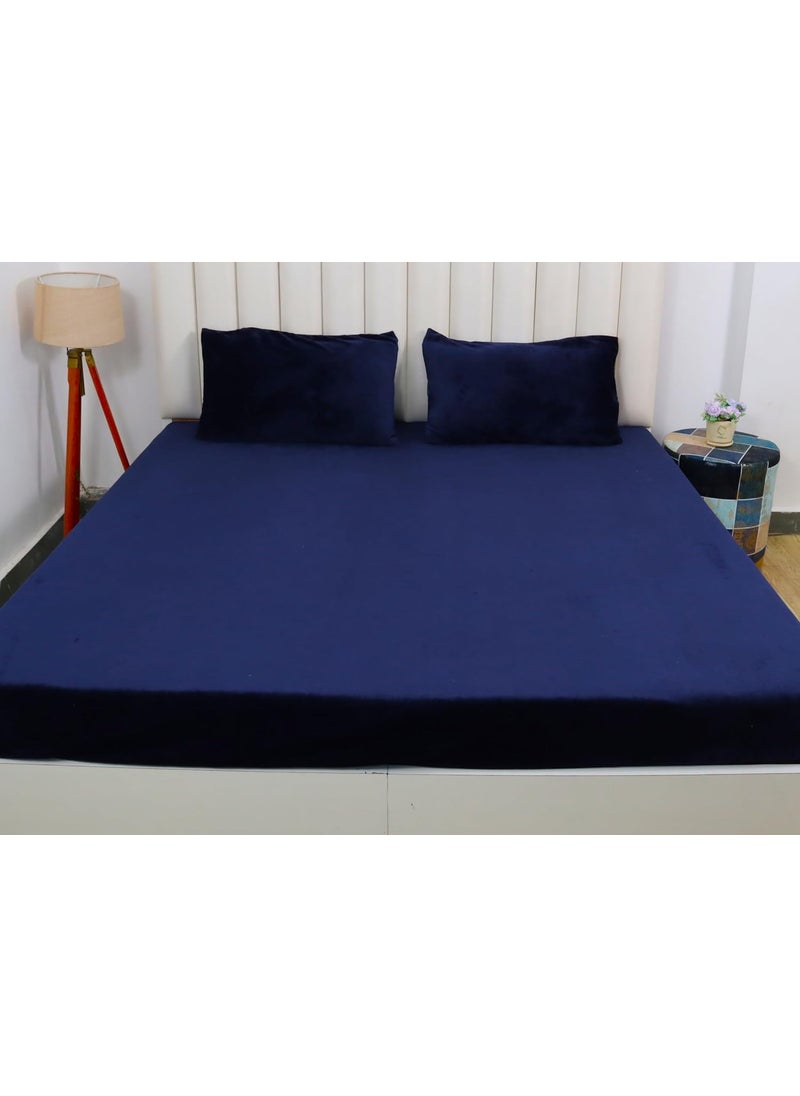 PRINDA 250 GSM Flannel Warm Elastic Fitted Bedsheets for Winter King Size 78x72x8 cm with 2 Pillow Covers 18x28 cm Navy Blue King