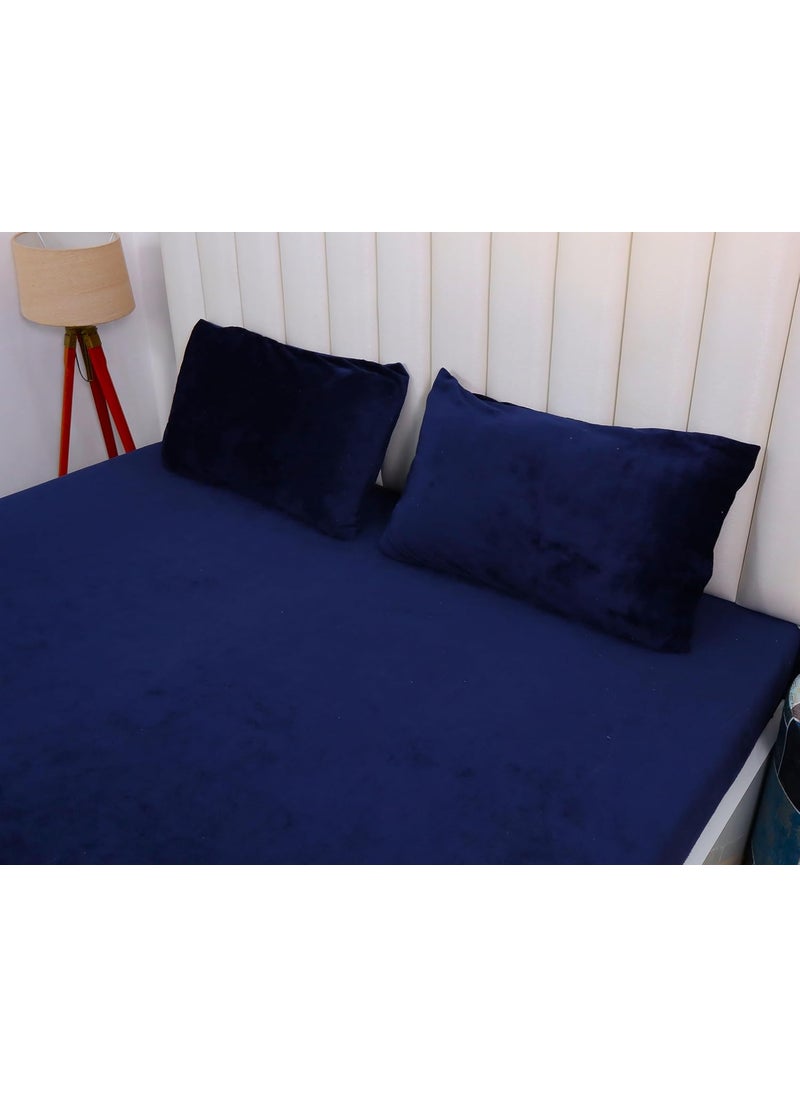 PRINDA 250 GSM Flannel Warm Elastic Fitted Bedsheets for Winter King Size 78x72x8 cm with 2 Pillow Covers 18x28 cm Navy Blue King