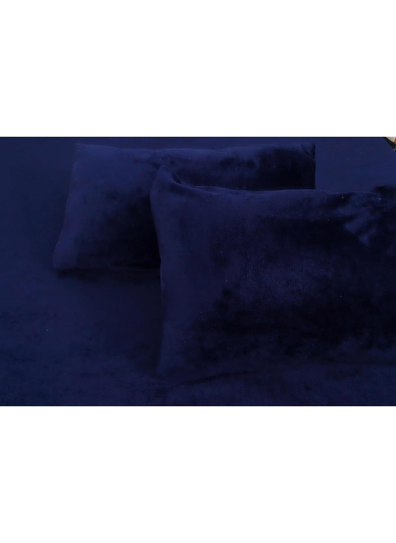 PRINDA 250 GSM Flannel Warm Elastic Fitted Bedsheets for Winter King Size 78x72x8 cm with 2 Pillow Covers 18x28 cm Navy Blue King