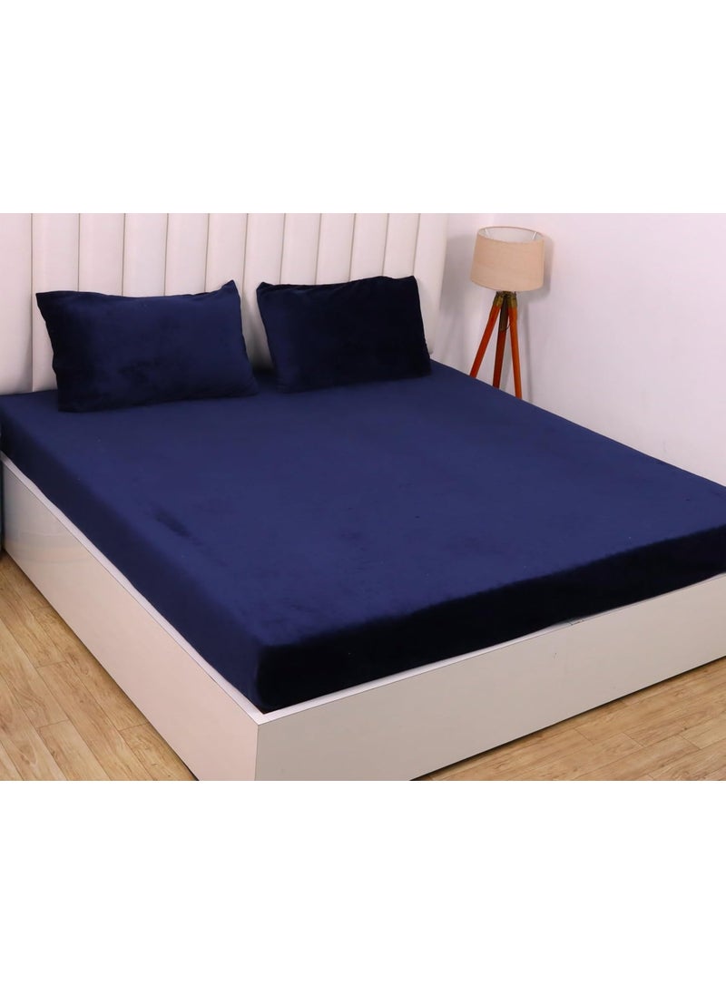 PRINDA 250 GSM Flannel Warm Elastic Fitted Bedsheets for Winter King Size 78x72x8 cm with 2 Pillow Covers 18x28 cm Navy Blue King