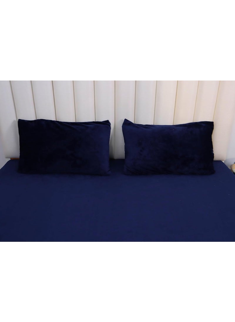 PRINDA 250 GSM Flannel Warm Elastic Fitted Bedsheets for Winter King Size 78x72x8 cm with 2 Pillow Covers 18x28 cm Navy Blue King