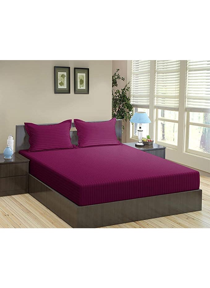 Harbell Home Cotton 300 TC Solid Satin Stripes All Around Elasticated King Fitted 100 108 Inches Bedsheet with 2 Pillow Covers Fits Upto 72 x 78 x 10 Inches Mattress Wine