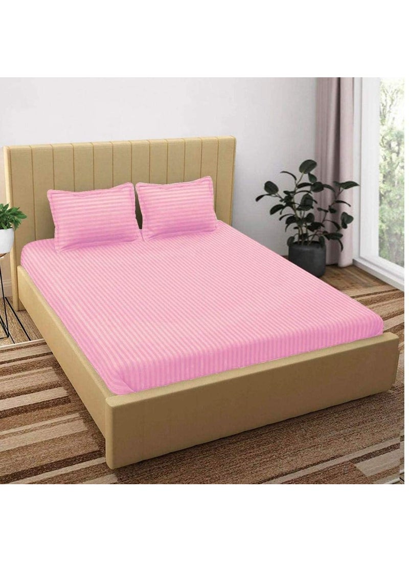 Harbell Home Cotton 300 TC Solid Satin Stripes All Around Elasticated King Fitted 100 108 Inches Bedsheet with 2 Pillow Covers Fits Upto 72 x 78 x 10 Inches Mattress Pink