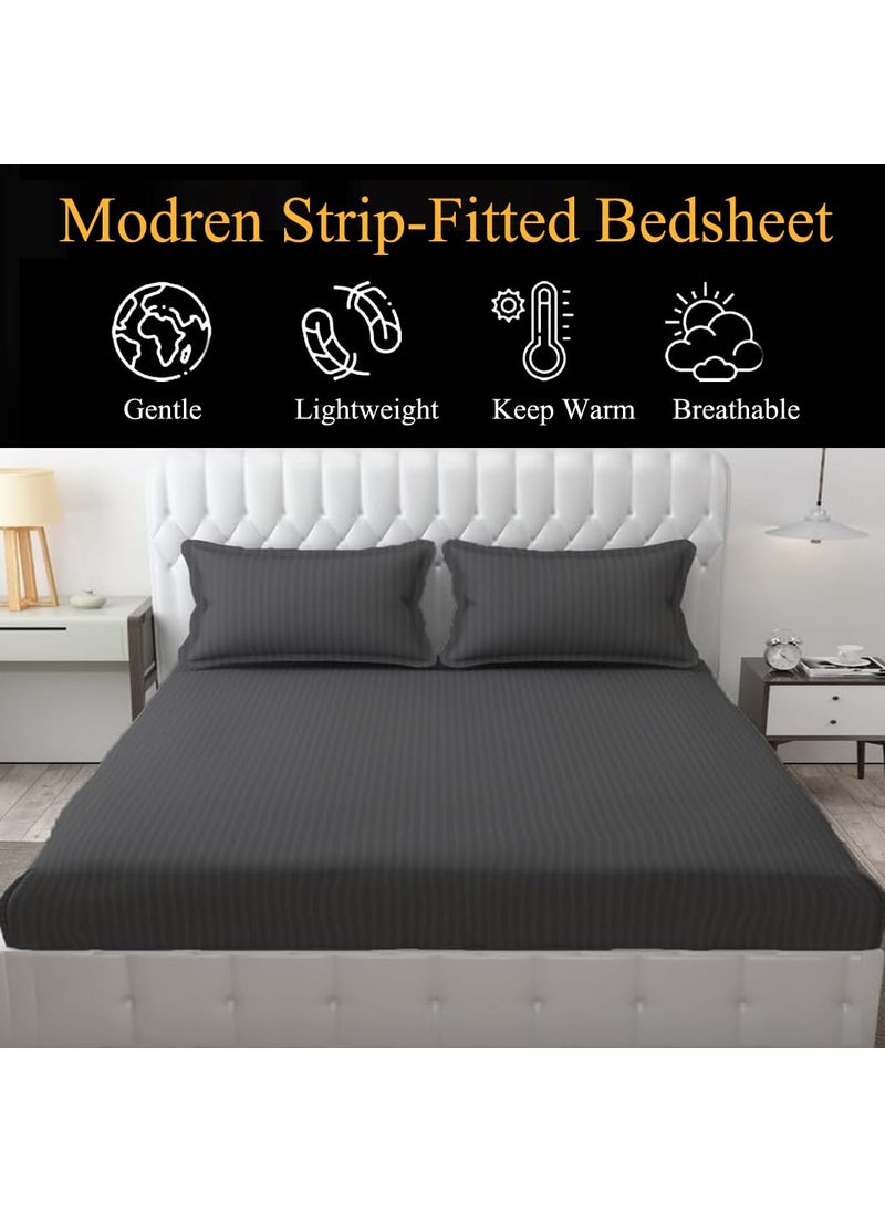 FRESH FROM LOOM 240 TC Satin Striped Soft Fitted Bedsheet King Size Bed with Two Pillow CoverBed Covers for Mattresses Tuck in Size 78 x 72 InchesFits up to 10 Inch Grey