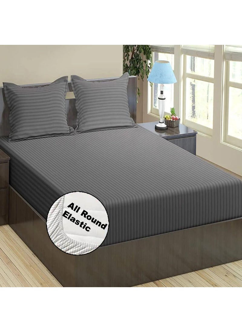 FRESH FROM LOOM 240 TC Satin Striped Soft Fitted Bedsheet King Size Bed with Two Pillow CoverBed Covers for Mattresses Tuck in Size 78 x 72 InchesFits up to 10 Inch Grey