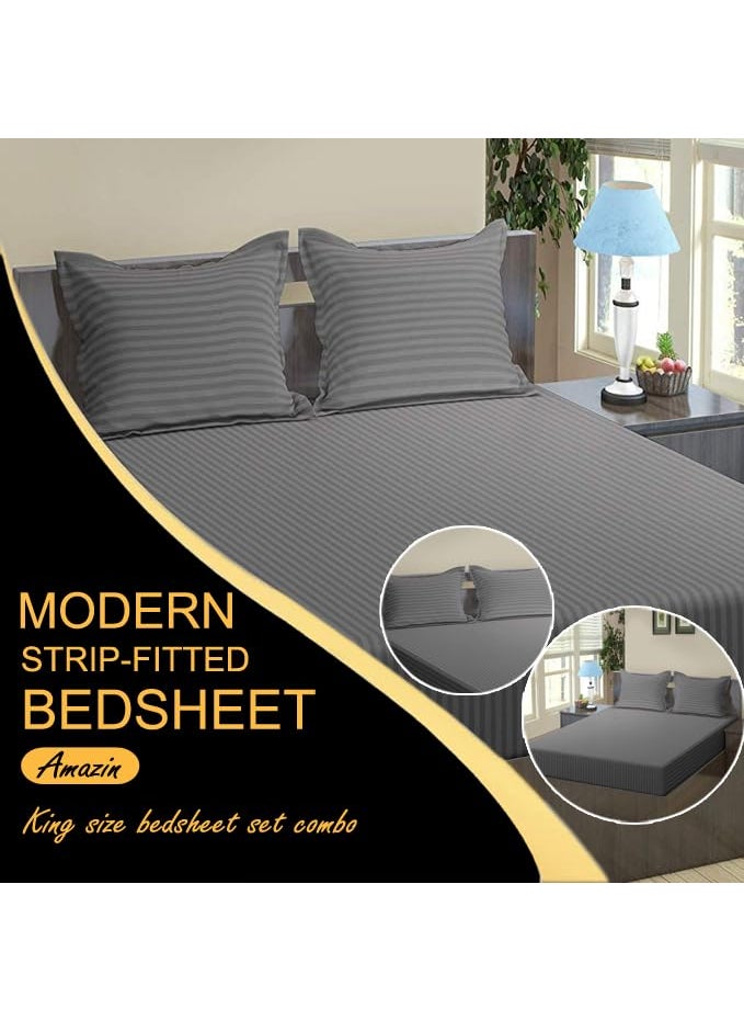 FRESH FROM LOOM 240 TC Satin Striped Soft Fitted Bedsheet King Size Bed with Two Pillow CoverBed Covers for Mattresses Tuck in Size 78 x 72 InchesFits up to 10 Inch Grey