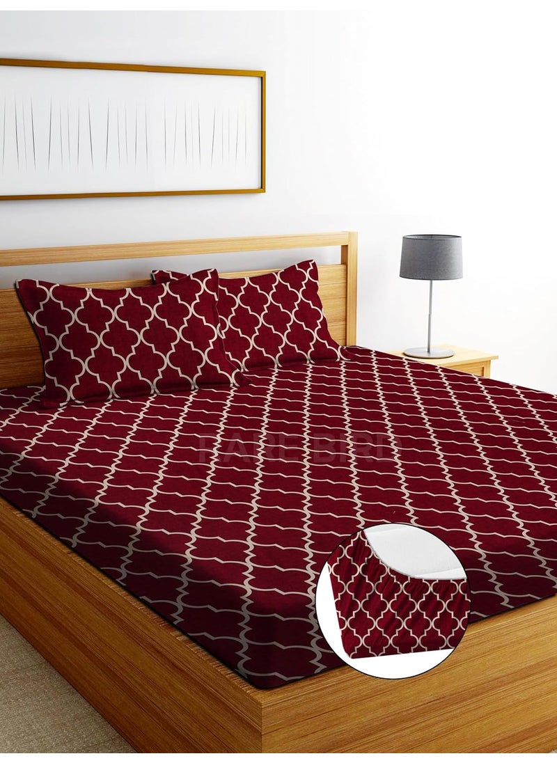 RAREBIRD 100 King Size Glace Cotton Feel 210 Tc All Over Elastic Fitted Size 72x78x8 inch Double Bedsheet with 2 Pillow Covers Color_ Red Carpet