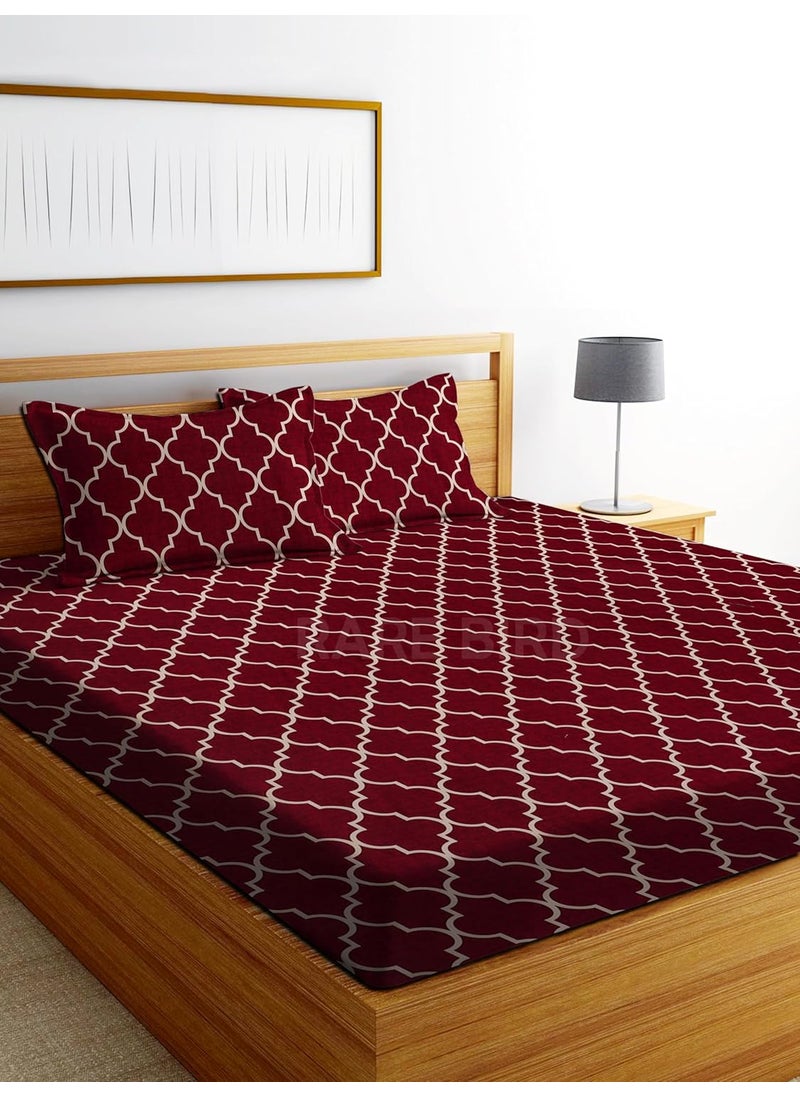 RAREBIRD 100 King Size Glace Cotton Feel 210 Tc All Over Elastic Fitted Size 72x78x8 inch Double Bedsheet with 2 Pillow Covers Color_ Red Carpet