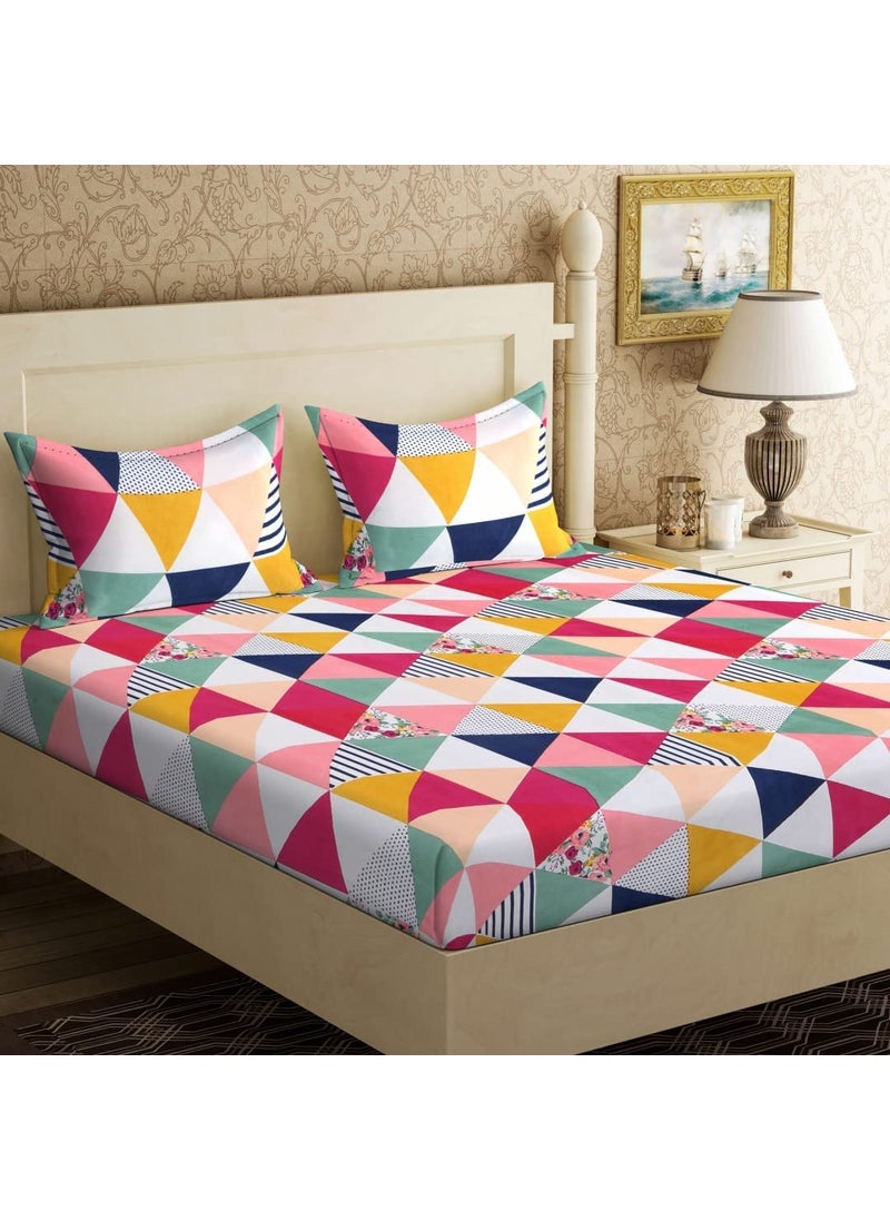 SHIVI CREATION Prime Collection Supersoft Glace Cotton 160TC Printed Double Bedsheet with 2 Pillow Covers Multicolour Size 90 x 90 Inch Coloured Triangles Gold BS