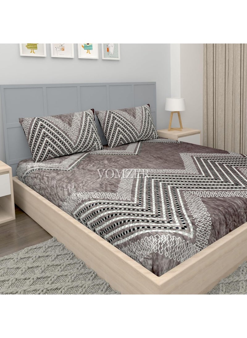 VOMZER Flannel Premium Elastic Fitted Warm Bedsheets For Winter For Double Bed Elastic Fitted Winter Bedsheets For King Size Bed With 2 Pillow Covers Size 72 X 78 Inches Beige Lines