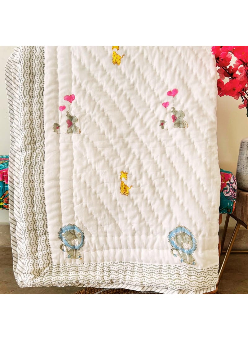 PShomes NonToxic 100 Cotton Kids Blanket HandBlocked in India MultiAnimal Design 40x60 inches AllSeason Naturally Dyed Pink White Ideal Below 7yrs