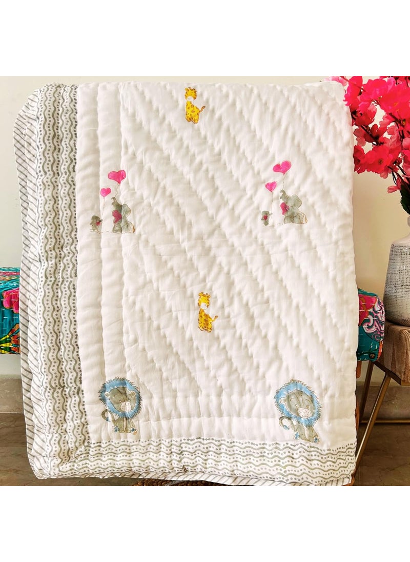 PShomes NonToxic 100 Cotton Kids Blanket HandBlocked in India MultiAnimal Design 40x60 inches AllSeason Naturally Dyed Pink White Ideal Below 7yrs