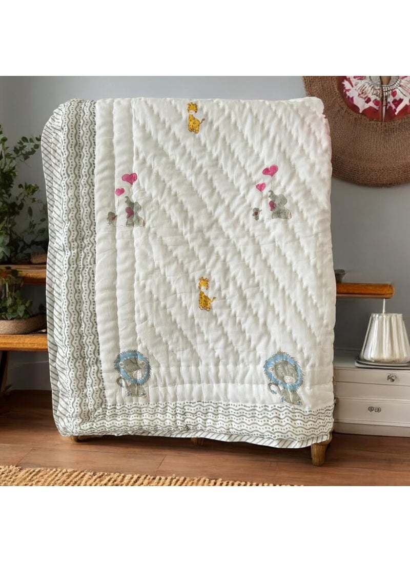 PShomes NonToxic 100 Cotton Kids Blanket HandBlocked in India MultiAnimal Design 40x60 inches AllSeason Naturally Dyed Pink White Ideal Below 7yrs