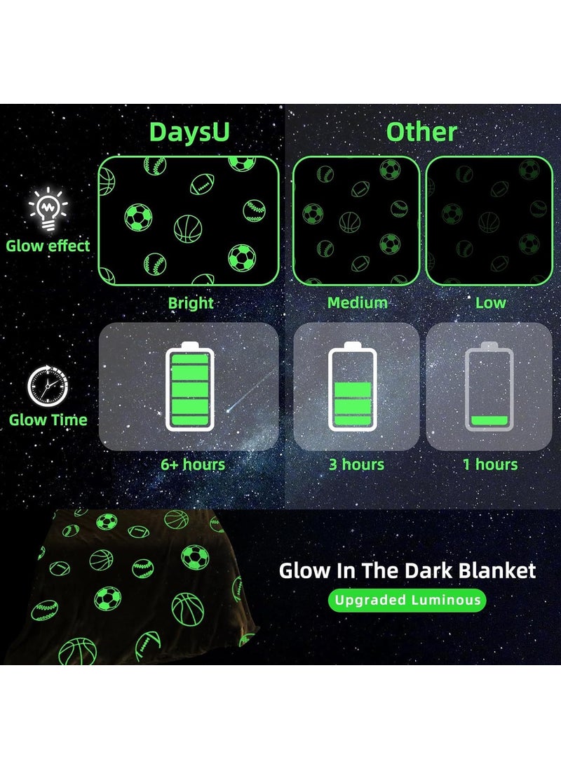 Glow in The Dark Blanket Football Gift for Kids Birthday Christmas Halloween Present Light Up Rainbow Football Toy Bedroom Bed Decor Fun Soft Fluffy Plush Glowing 60x60Football Grey