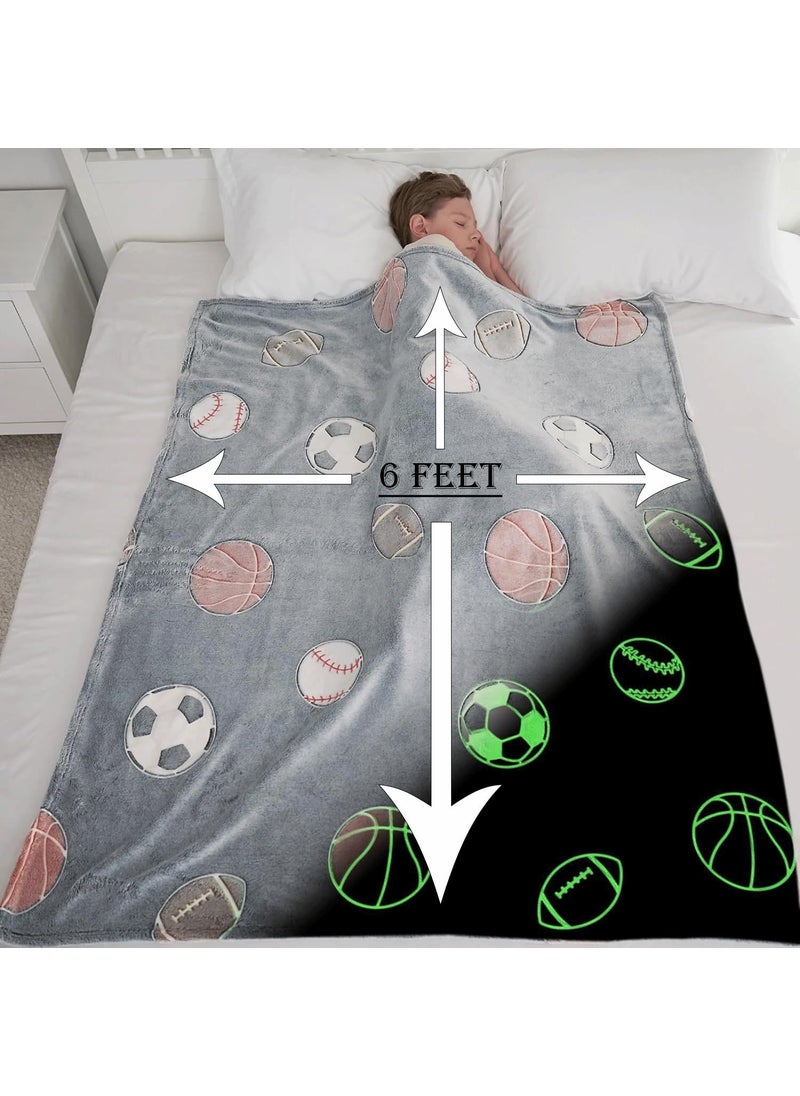 Glow in The Dark Blanket Football Gift for Kids Birthday Christmas Halloween Present Light Up Rainbow Football Toy Bedroom Bed Decor Fun Soft Fluffy Plush Glowing 60x60Football Grey