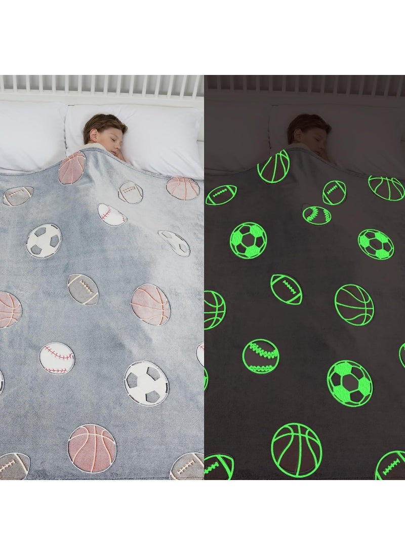 Glow in The Dark Blanket Football Gift for Kids Birthday Christmas Halloween Present Light Up Rainbow Football Toy Bedroom Bed Decor Fun Soft Fluffy Plush Glowing 60x60Football Grey