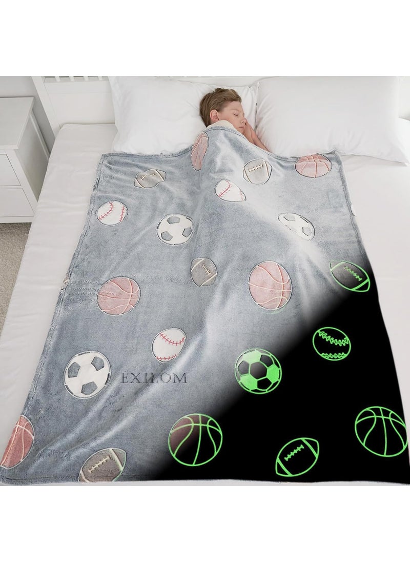 Glow in The Dark Blanket Football Gift for Kids Birthday Christmas Halloween Present Light Up Rainbow Football Toy Bedroom Bed Decor Fun Soft Fluffy Plush Glowing 60x60Football Grey