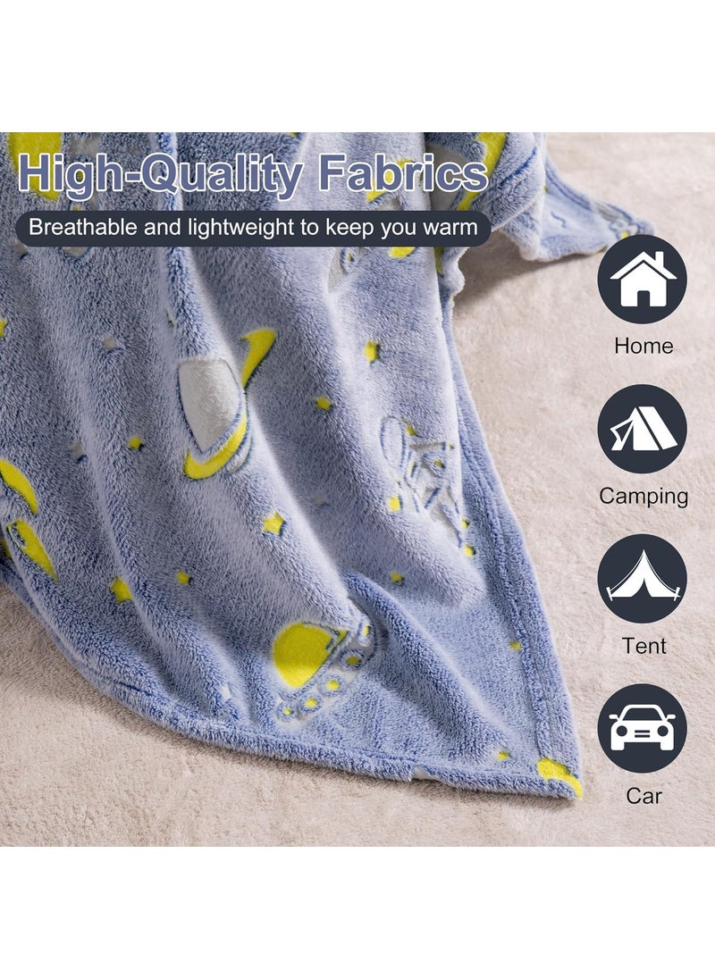 Glow in The Dark Blanket Space Gift for Kids Girls Teen Birthday Christmas Halloween Present Light Up Rainbow Space Toy Bedroom Bed Decor Fun Soft Fluffy Plush Glowing 60x60Space Blue