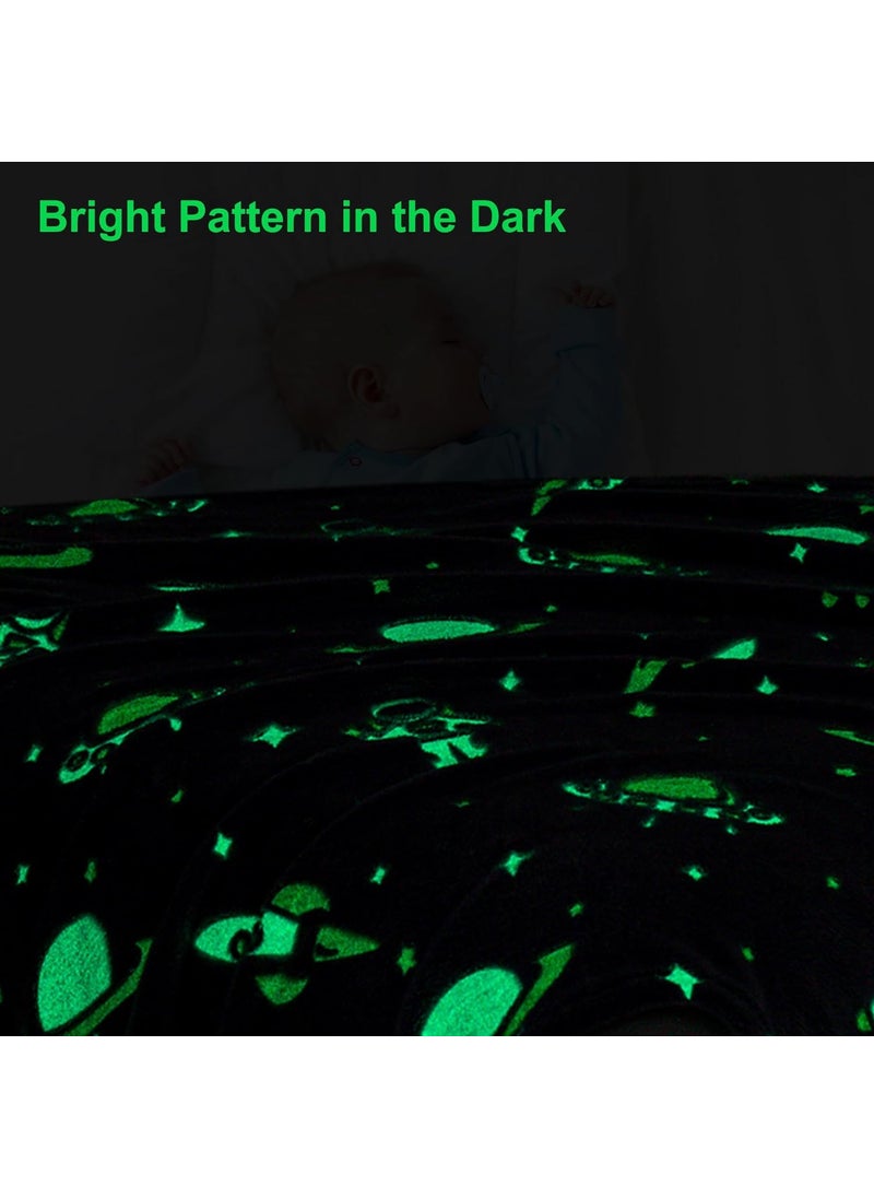 Glow in The Dark Blanket Space Gift for Kids Girls Teen Birthday Christmas Halloween Present Light Up Rainbow Space Toy Bedroom Bed Decor Fun Soft Fluffy Plush Glowing 60x60Space Blue