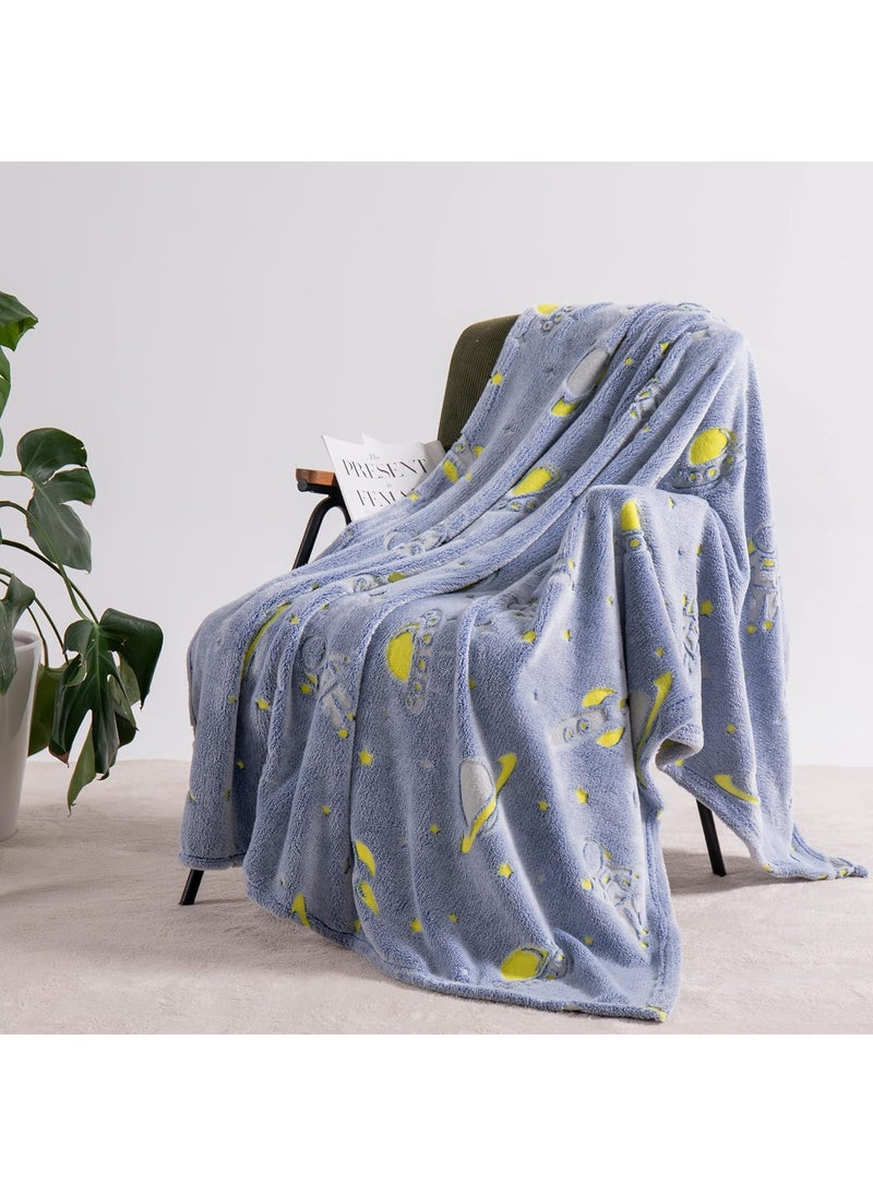 Glow in The Dark Blanket Space Gift for Kids Girls Teen Birthday Christmas Halloween Present Light Up Rainbow Space Toy Bedroom Bed Decor Fun Soft Fluffy Plush Glowing 60x60Space Blue