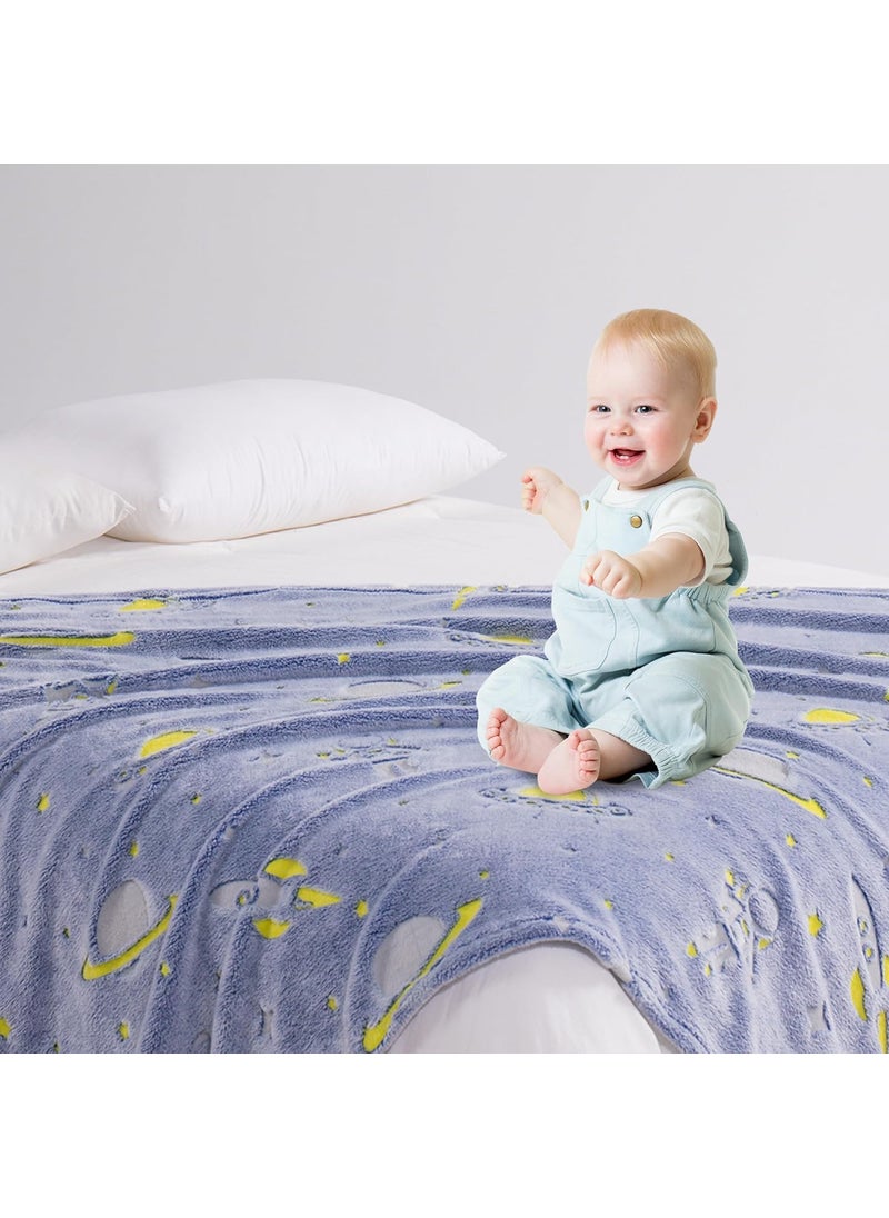 Glow in The Dark Blanket Space Gift for Kids Girls Teen Birthday Christmas Halloween Present Light Up Rainbow Space Toy Bedroom Bed Decor Fun Soft Fluffy Plush Glowing 60x60Space Blue