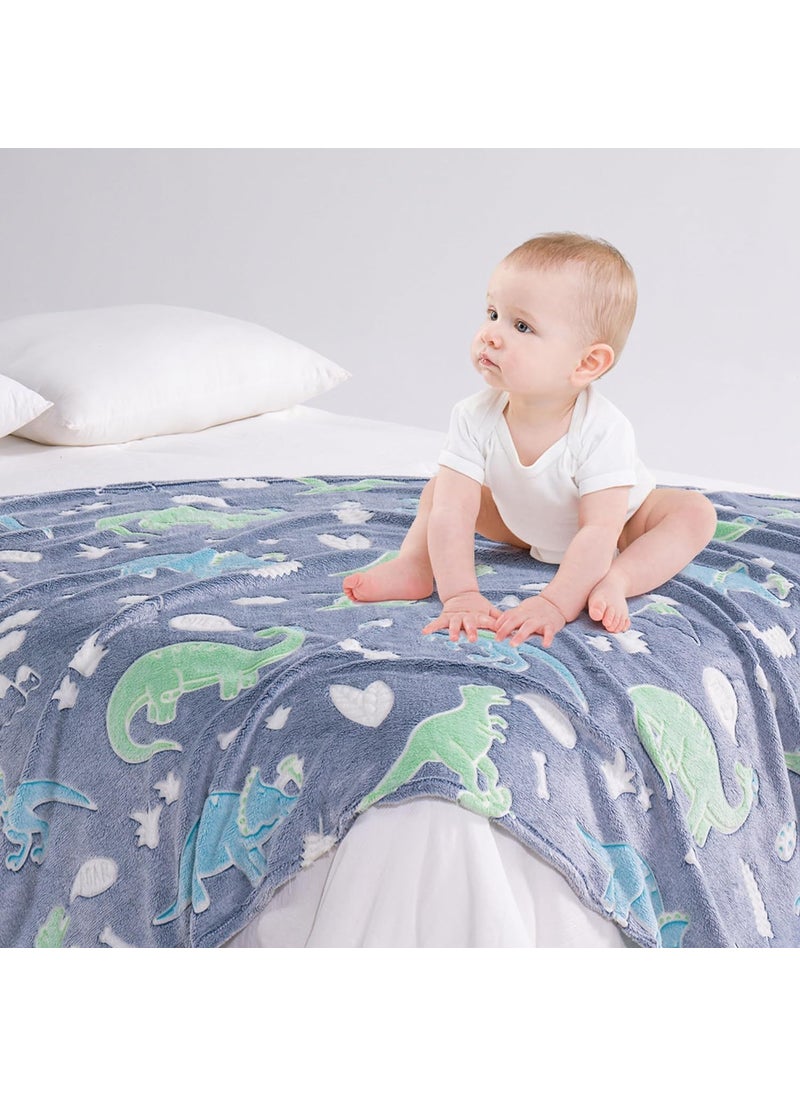 Glow in The Dark Blanket Dinosaur Gift for Kids Birthday Christmas Halloween Present Light Up Rainbow Dinosaur Toy Bedroom Bed Decor Fun Soft Fluffy Plush Glowing 60x60Dinosaur Sky Blue