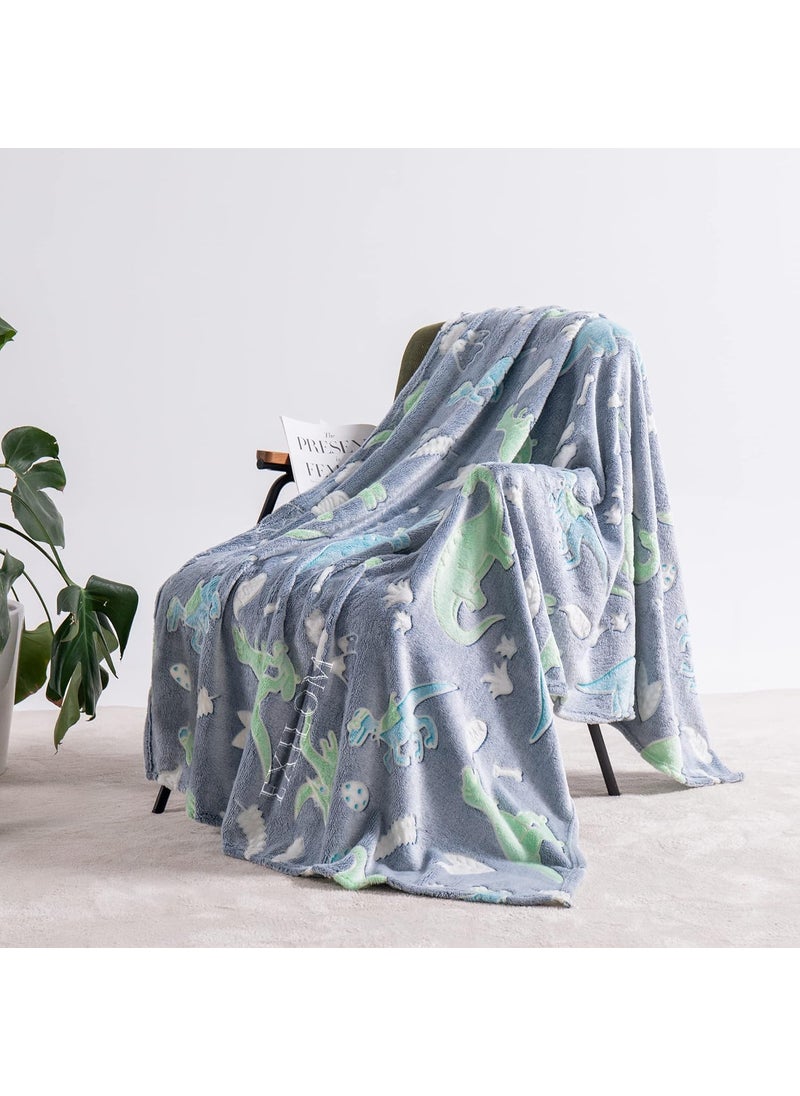 Glow in The Dark Blanket Dinosaur Gift for Kids Birthday Christmas Halloween Present Light Up Rainbow Dinosaur Toy Bedroom Bed Decor Fun Soft Fluffy Plush Glowing 60x60Dinosaur Sky Blue