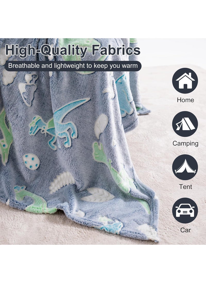 Glow in The Dark Blanket Dinosaur Gift for Kids Birthday Christmas Halloween Present Light Up Rainbow Dinosaur Toy Bedroom Bed Decor Fun Soft Fluffy Plush Glowing 60x60Dinosaur Sky Blue