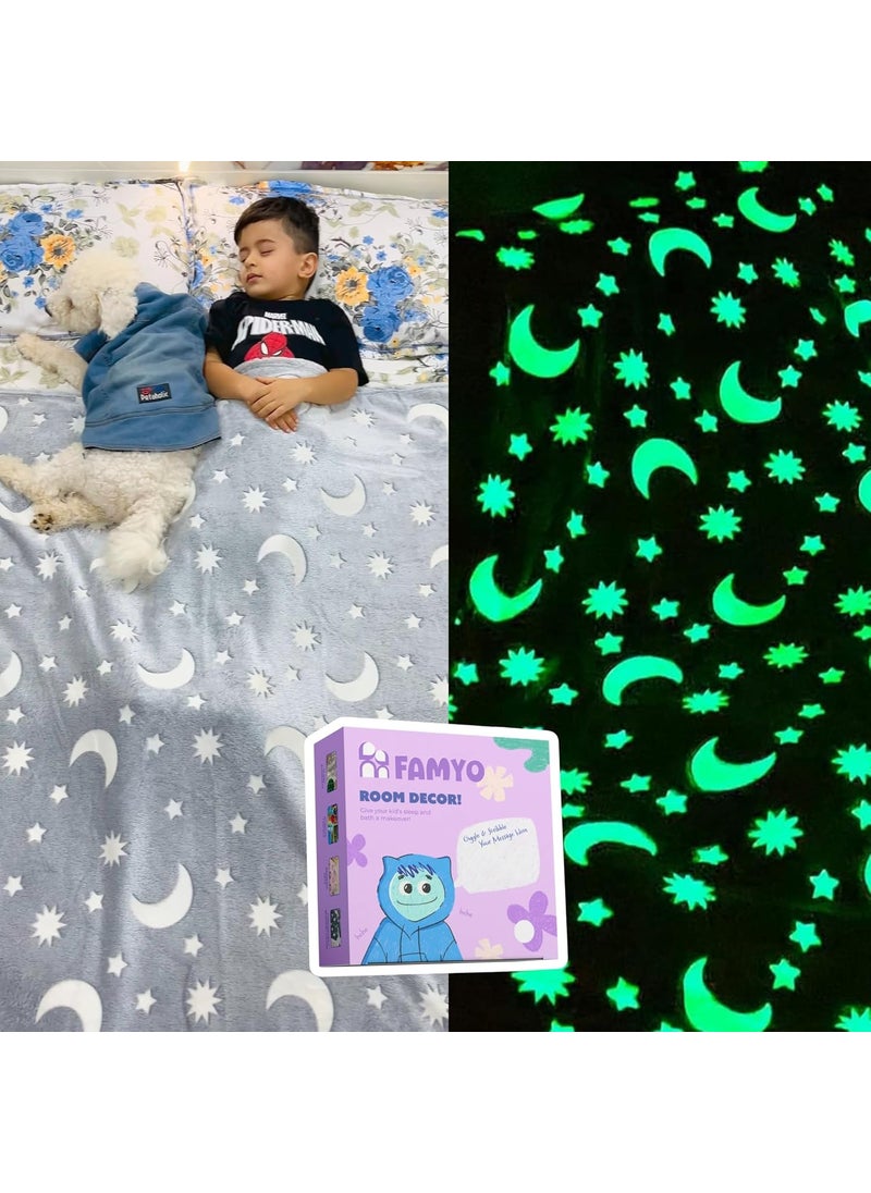 FAMYO Moon Stars Glow Blanket for Gifting for Kids Birthday Gift for 015 yrs AC Blanket for Children Return Gifts Party Favour Perfect for Gifting for NieceNephewSonDaughter Grey