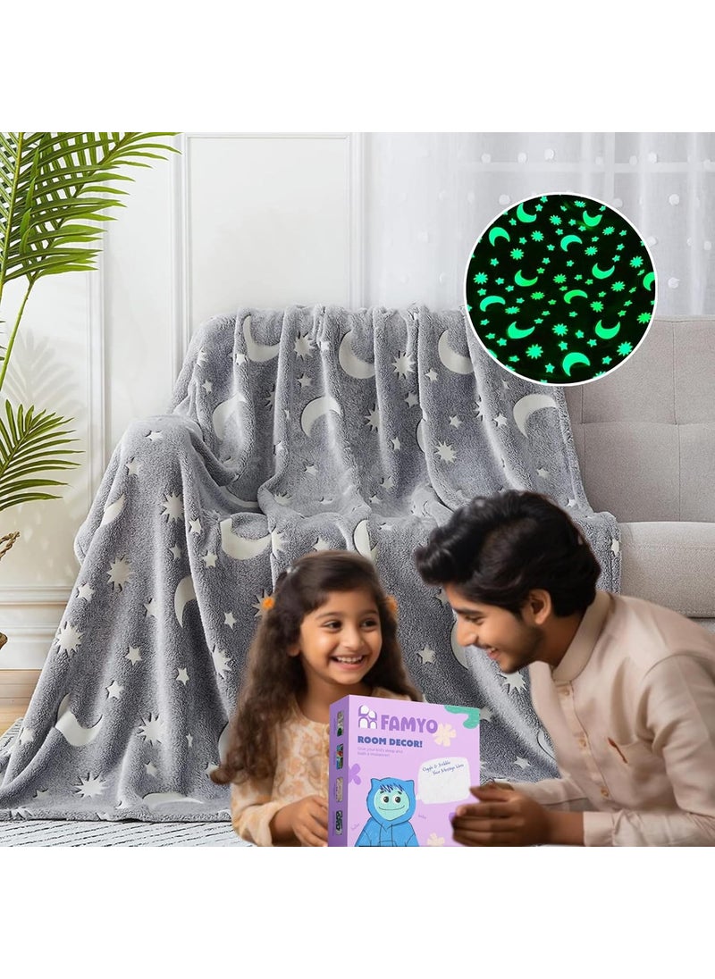 FAMYO Moon Stars Glow Blanket for Gifting for Kids Birthday Gift for 015 yrs AC Blanket for Children Return Gifts Party Favour Perfect for Gifting for NieceNephewSonDaughter Grey