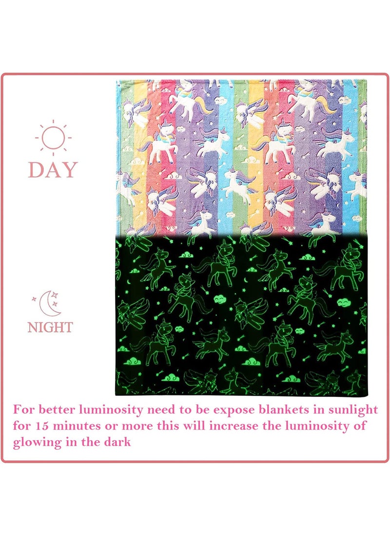 Glow in The Dark Blanket Dinosaur Gift for Kids Girls Birthday Christmas Halloween Present Light Up Rainbow Dinosaur Toy Bedroom Bed Decor Fun Soft Fluffy Plush Glowing 60x60Dinosaur Blue