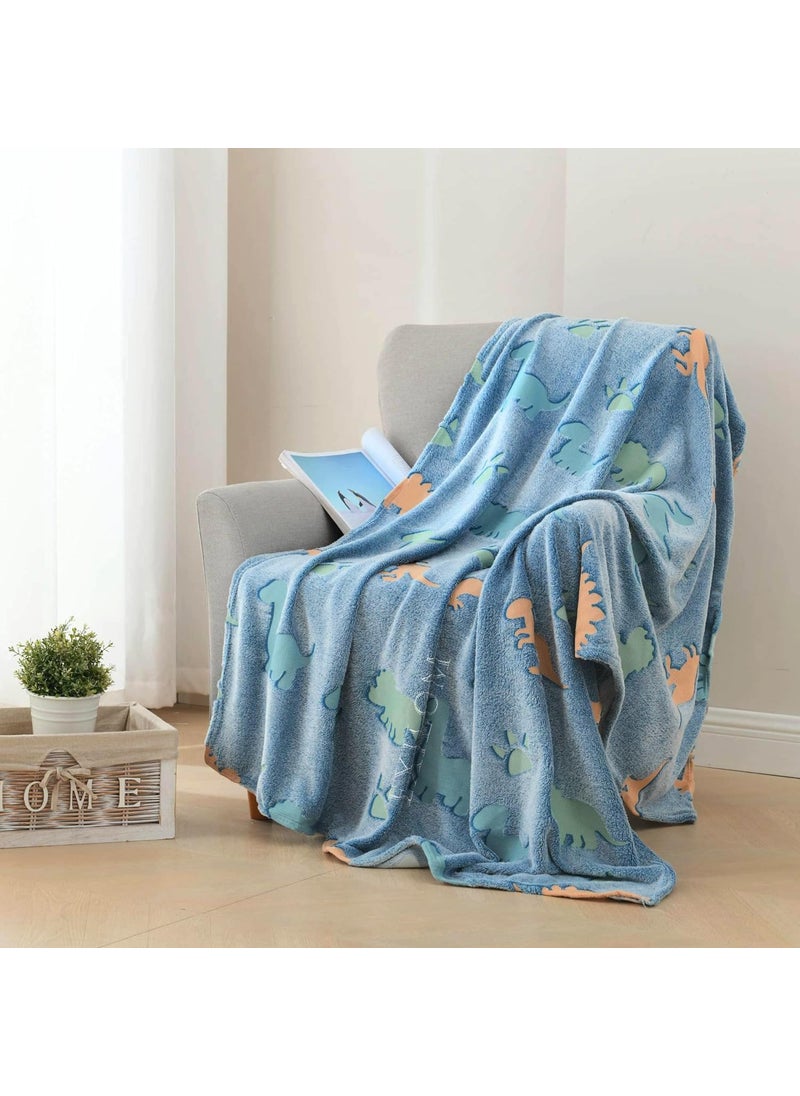 Glow in The Dark Blanket Dinosaur Gift for Kids Girls Birthday Christmas Halloween Present Light Up Rainbow Dinosaur Toy Bedroom Bed Decor Fun Soft Fluffy Plush Glowing 60x60Dinosaur Blue
