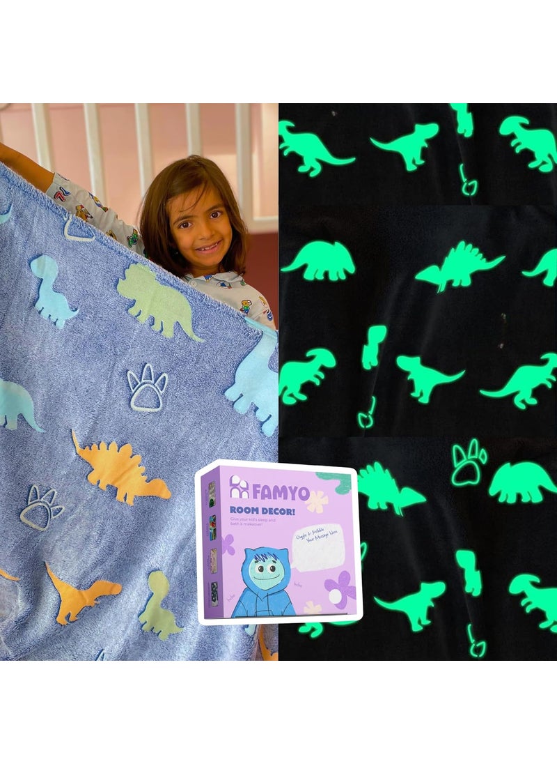FAMYO Dinosaur Glow Blanket for Gifting for Kids Birthday Gift for 015 yrs AC Blanket for Children Return Gifts Party Favour Perfect for Gifting for NieceNephewSonDaughter Blue