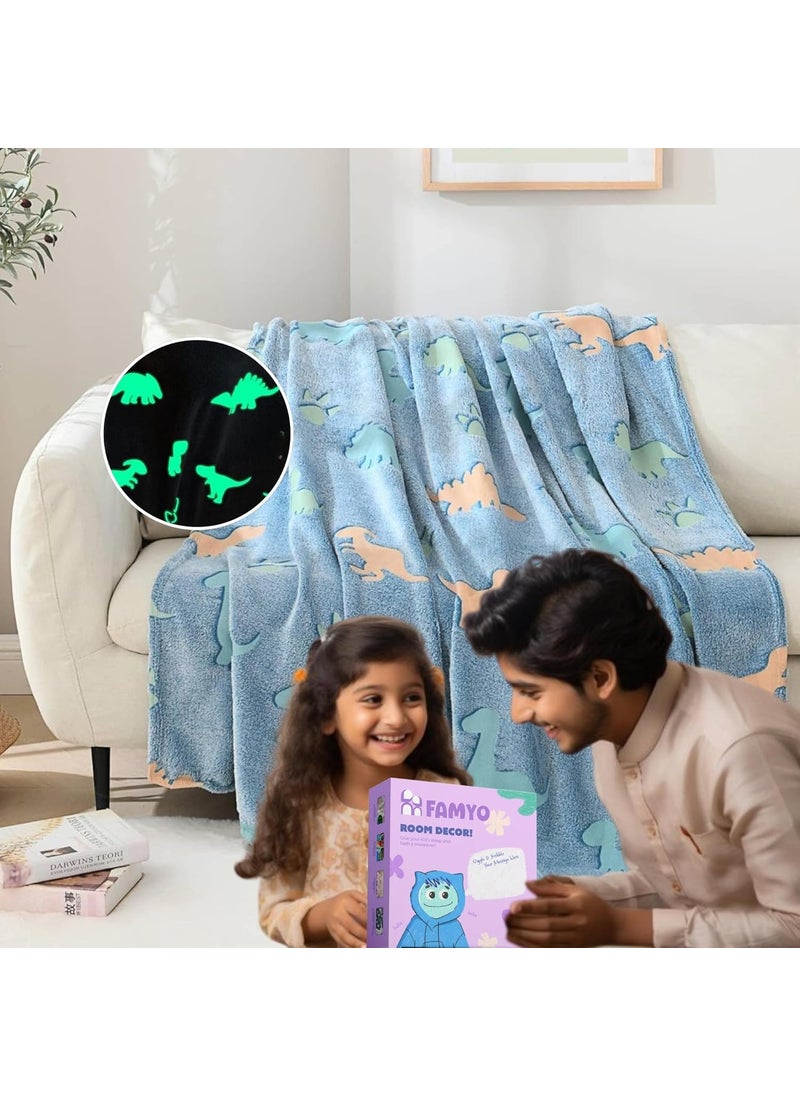 FAMYO Dinosaur Glow Blanket for Gifting for Kids Birthday Gift for 015 yrs AC Blanket for Children Return Gifts Party Favour Perfect for Gifting for NieceNephewSonDaughter Blue